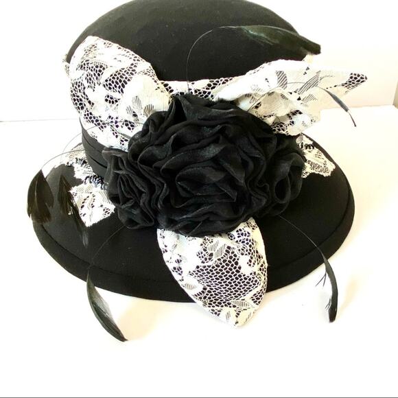Ben Marc Church Black Derby Hat Feather Lace - Picture 2 of 10